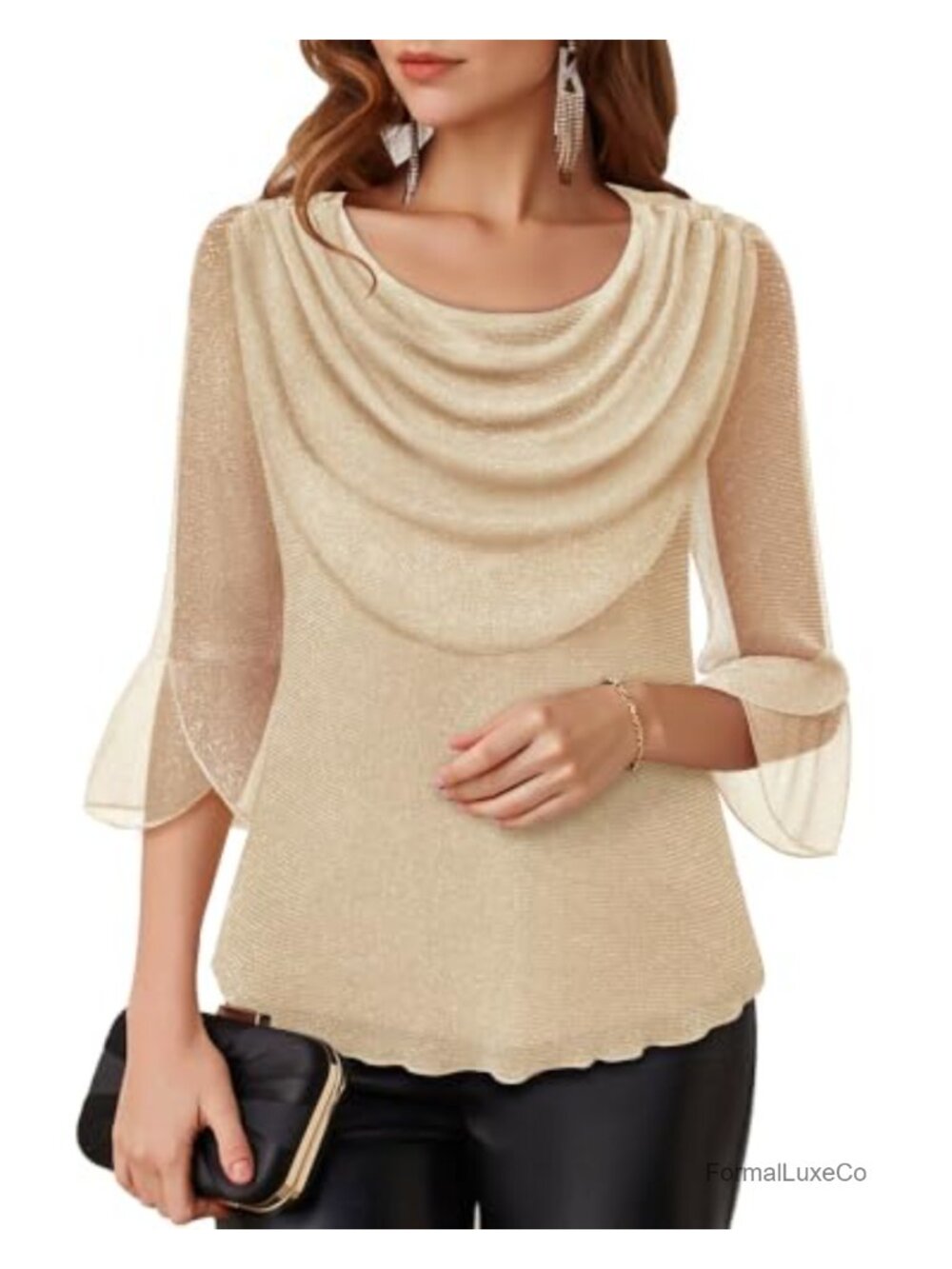 Glittery Dressy Blouse Womens 3/4 Sleeve Cowl Neck Evening Top